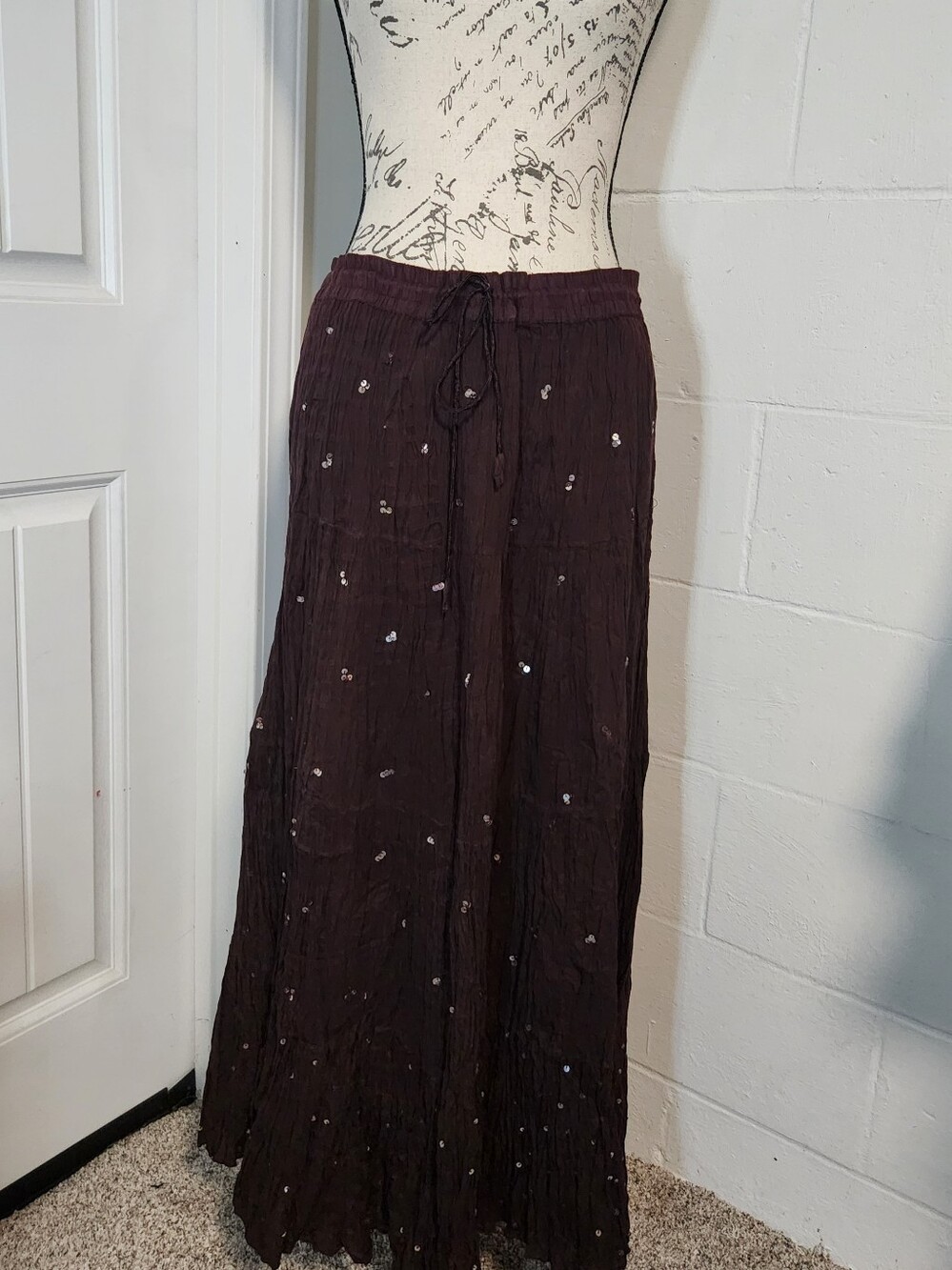 Vintage Chocolate Brown Drawstring Maxi Cotton Skirt With Sequins - One Size